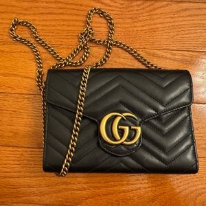 Gucci Black Quilted Leather Crossbody with Gold Double G Chain
